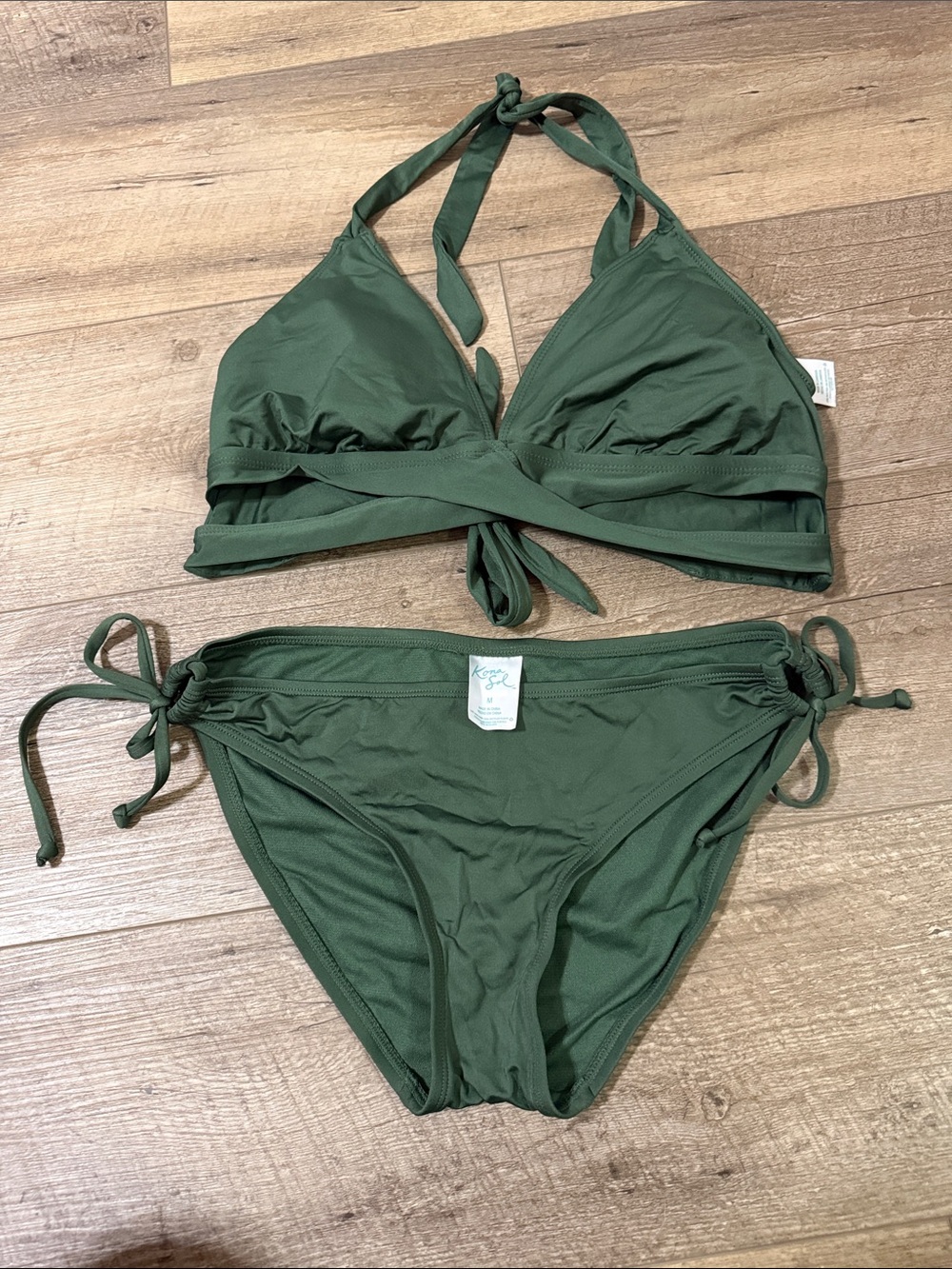 Kona Sol Olive Green Halter Tie Bikini Set